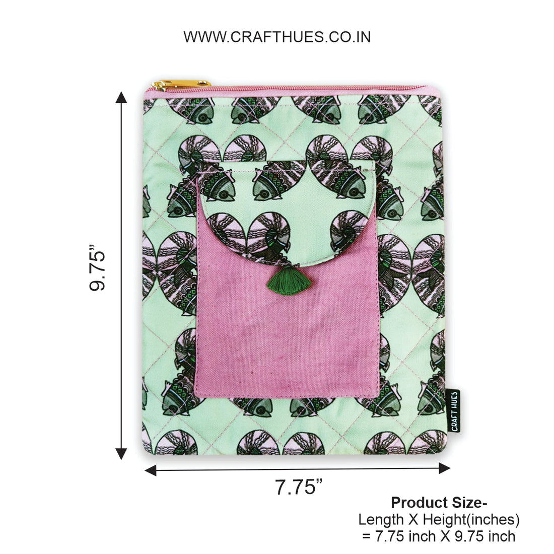 Book Cover Flap Pocket- Gond Green Fish