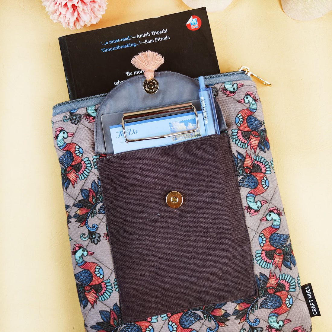 Book Cover Flap Pocket- Gond Grey Bird