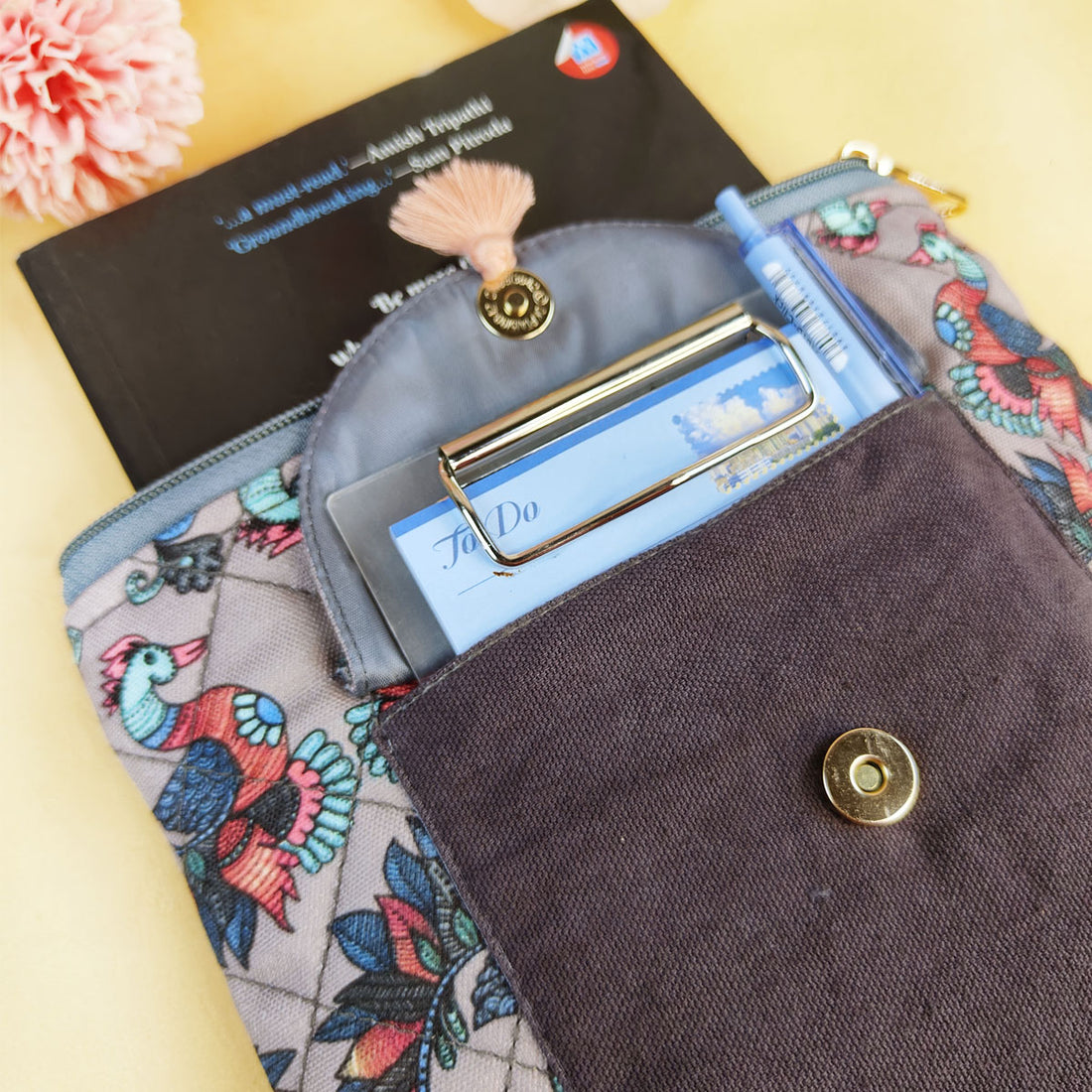 Book Cover Flap Pocket- Gond Grey Bird