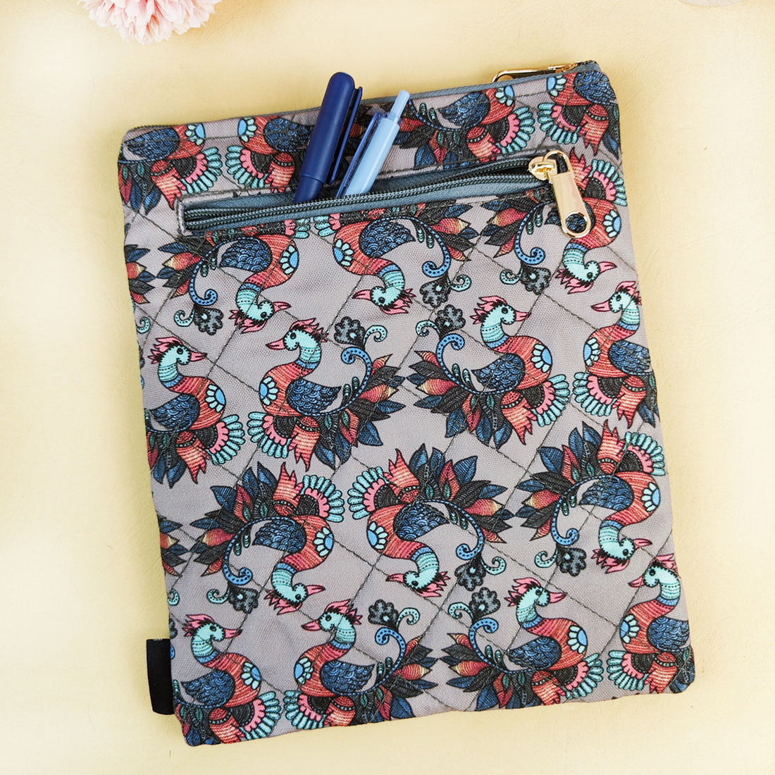 Book Cover Flap Pocket- Gond Grey Bird