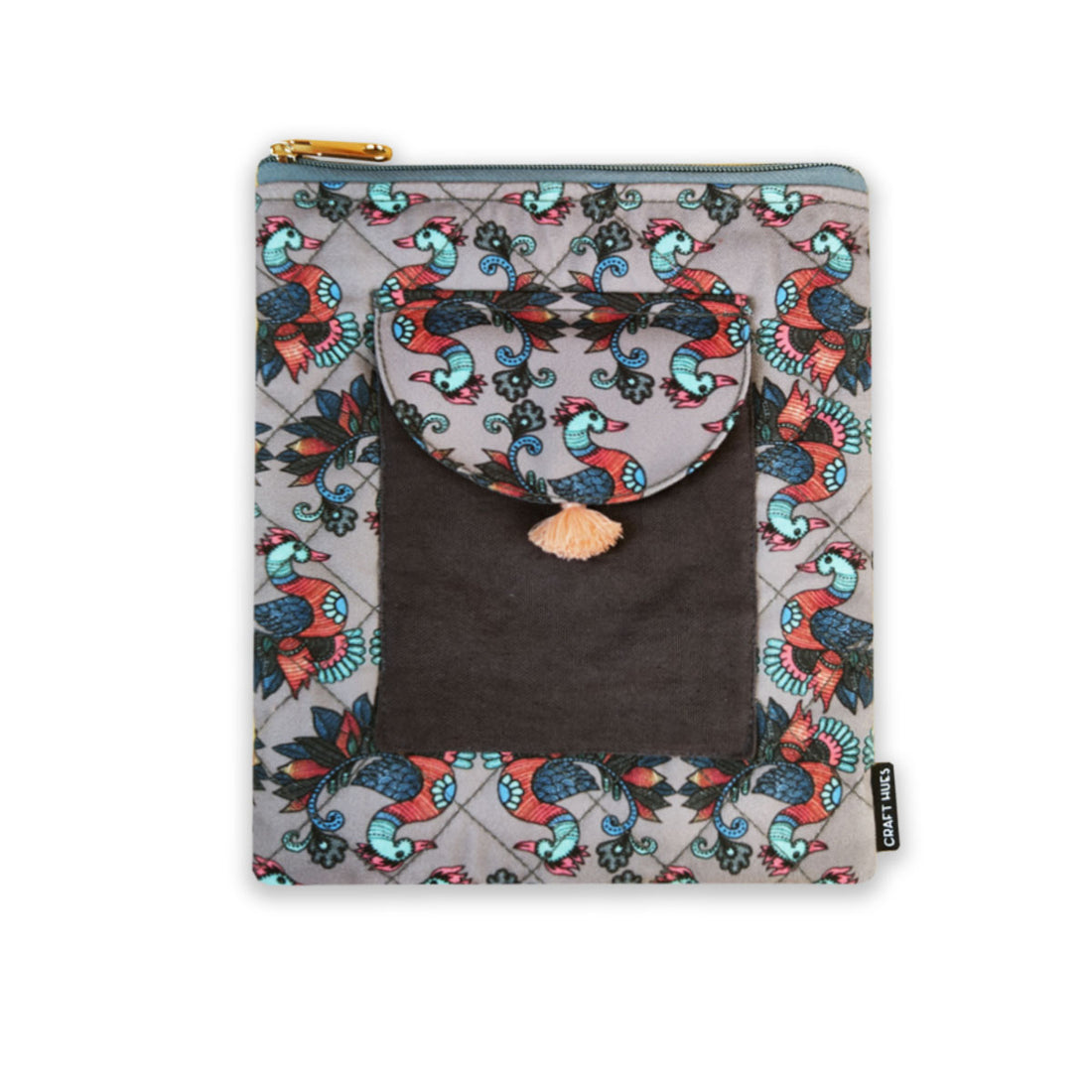 Book Cover Flap Pocket- Gond Grey Bird