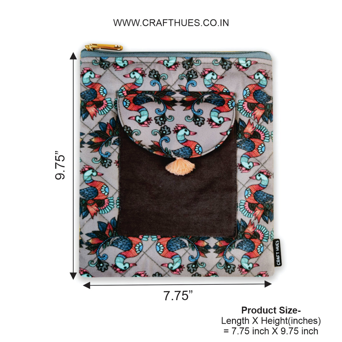 Book Cover Flap Pocket- Gond Grey Bird