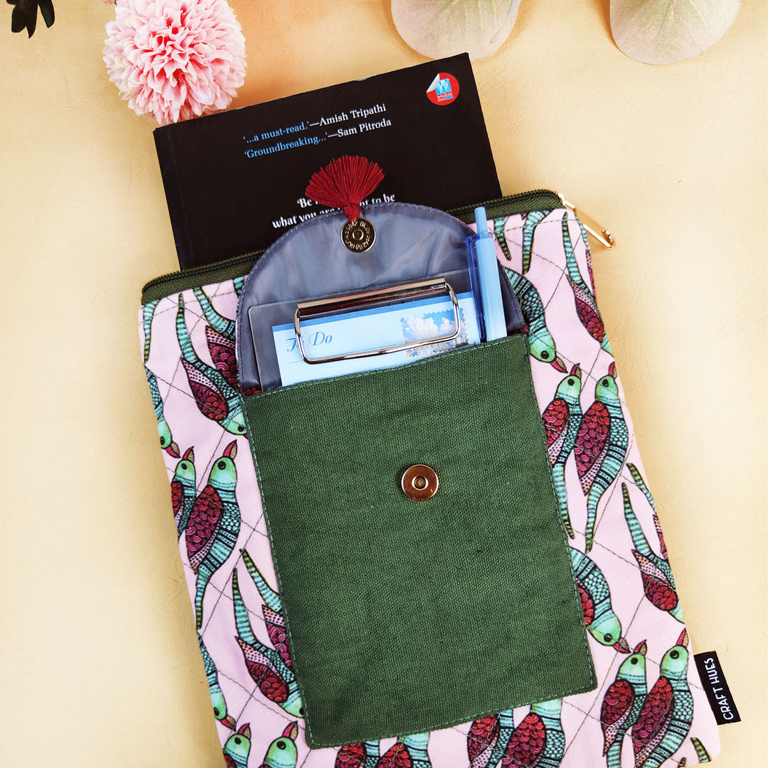 Book Cover Flap Pocket- Gond Pink Fish