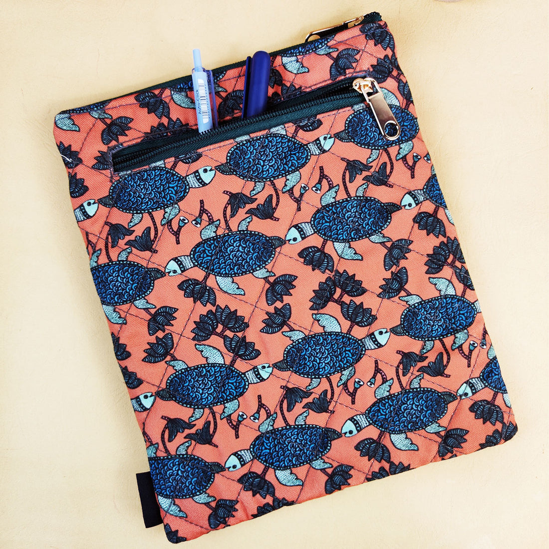 Book Cover Flap Pocket- Gond Teal Turtle