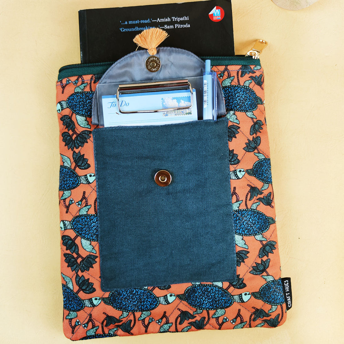 Book Cover Flap Pocket- Gond Teal Turtle
