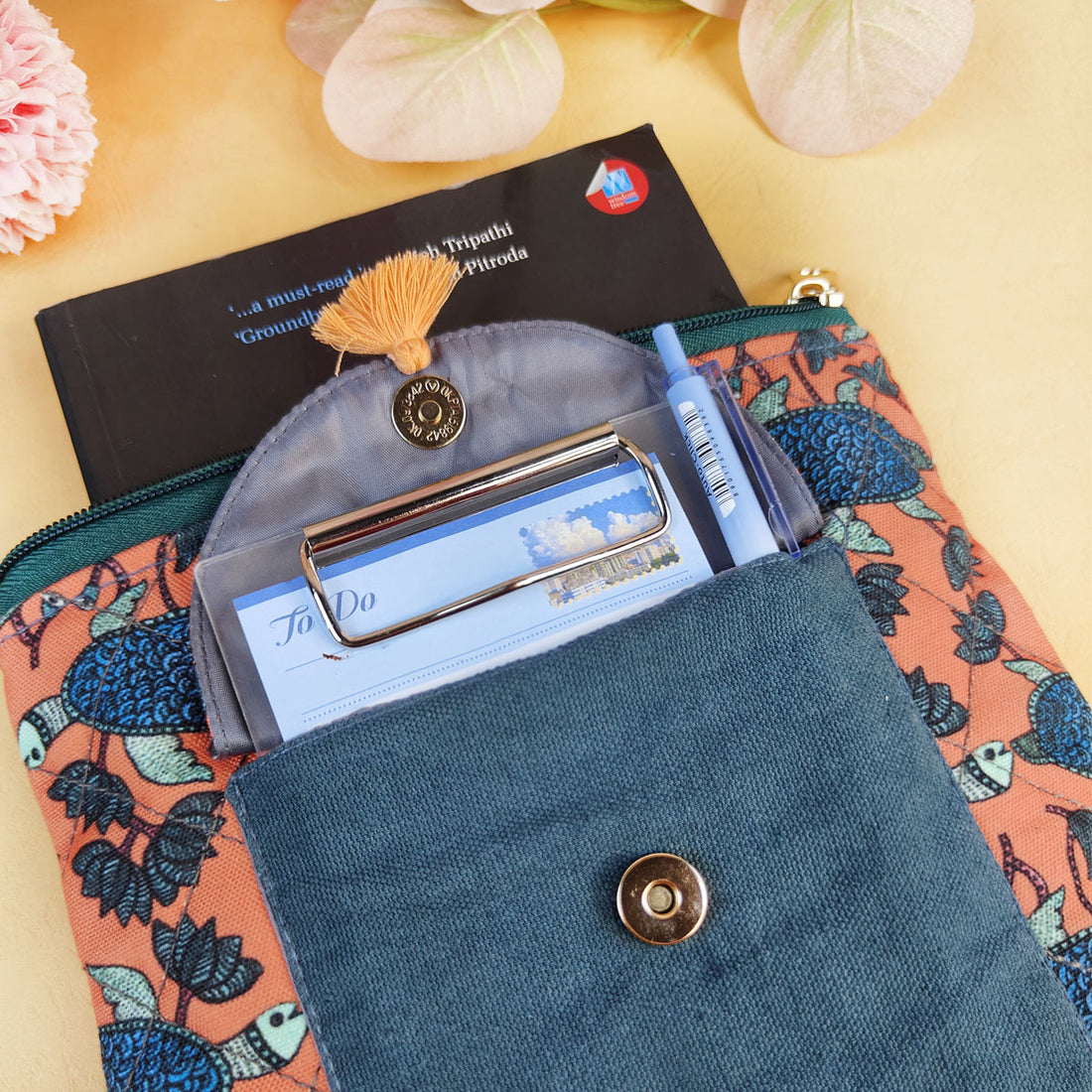 Book Cover Flap Pocket- Gond Teal Turtle