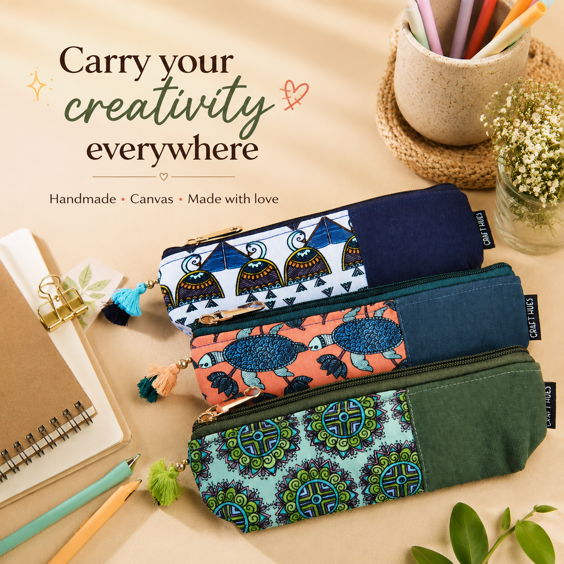 Blue-Orange-Green Pen Pouch Combo