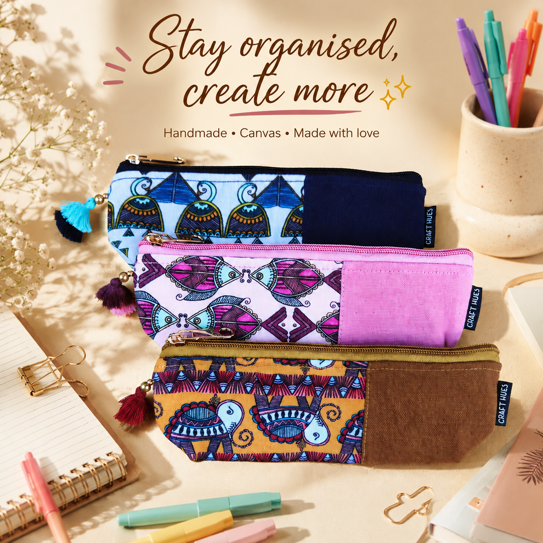 Blue-Pink-Mustard Pen Pouch Combo