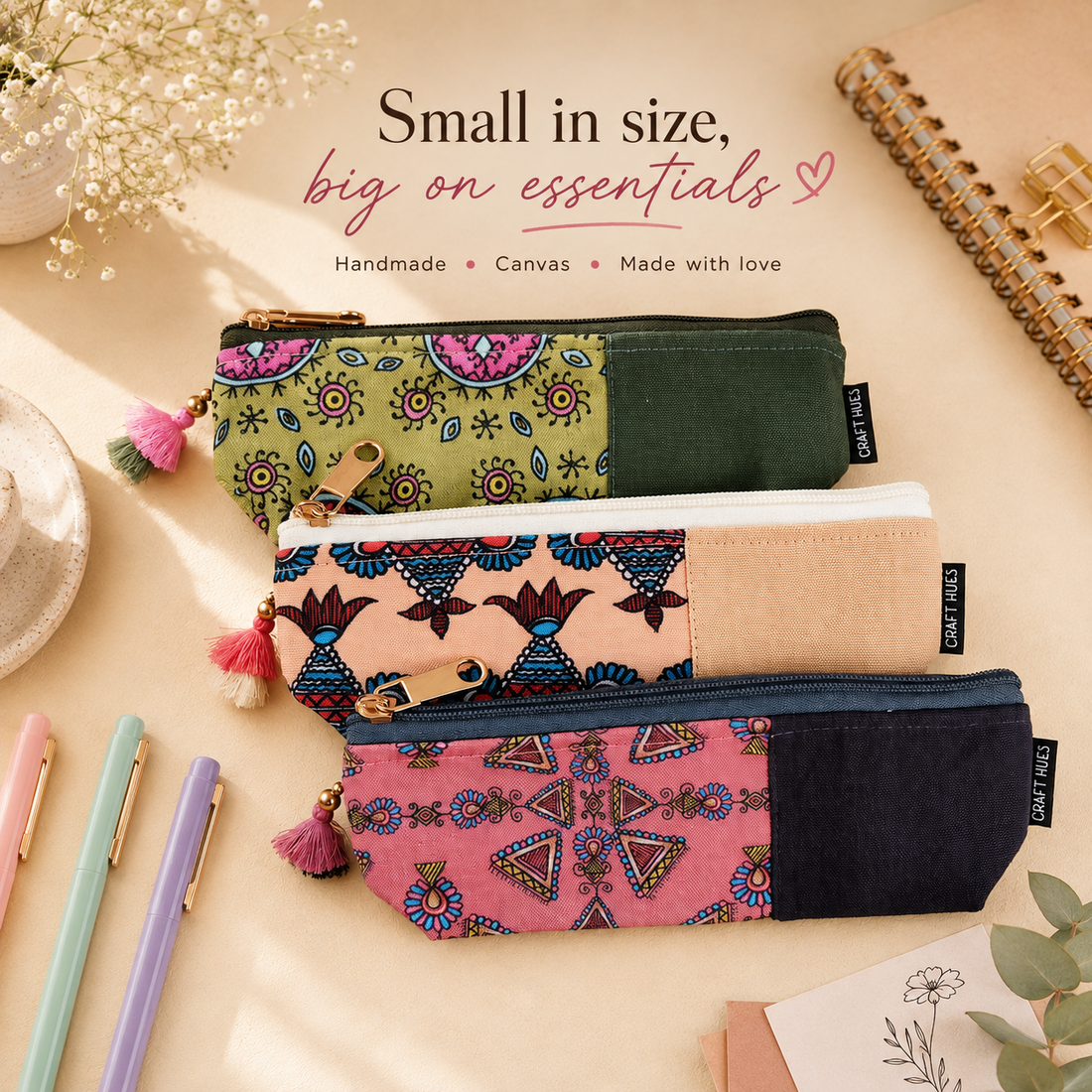 Green-Peach-Maroon Pen Pouch Combo