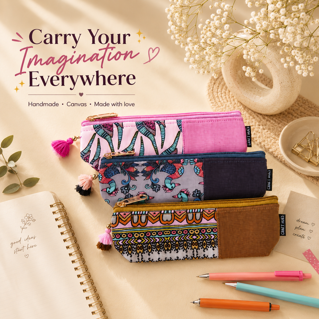 Pink-Grey-Mustard Pen Pouch Combo