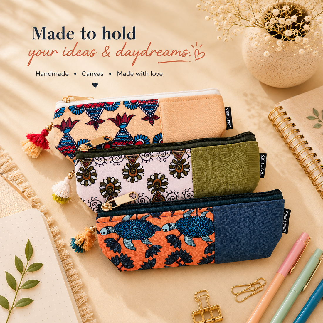 Peach-Olive-Orange Pen Pouch Combo