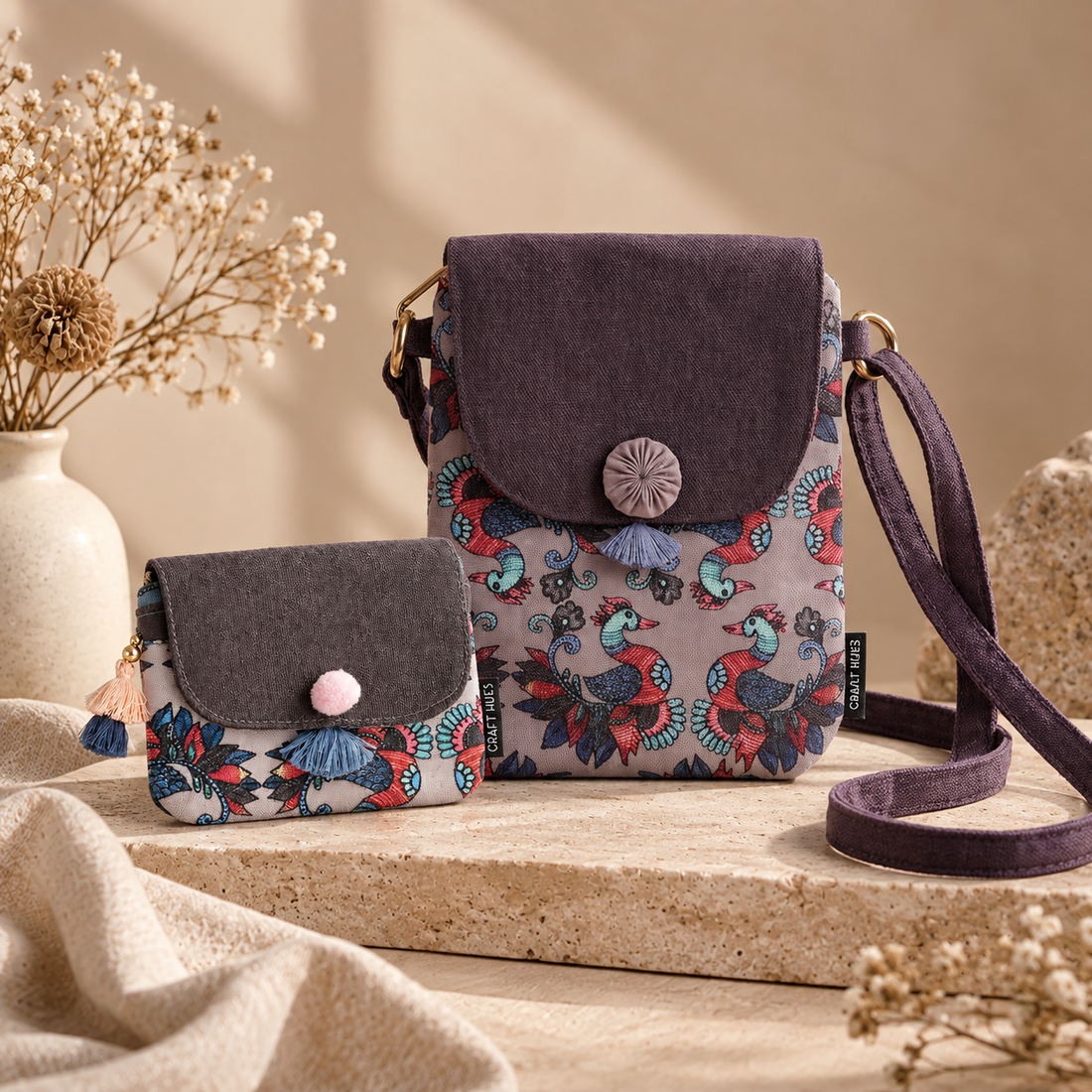 Mobile Sling/ Mini Wallet Combo- Gond Grey Bird