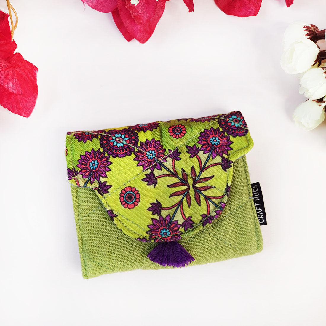 Curve Flap Mini Wallet Combo-green purple flower tile