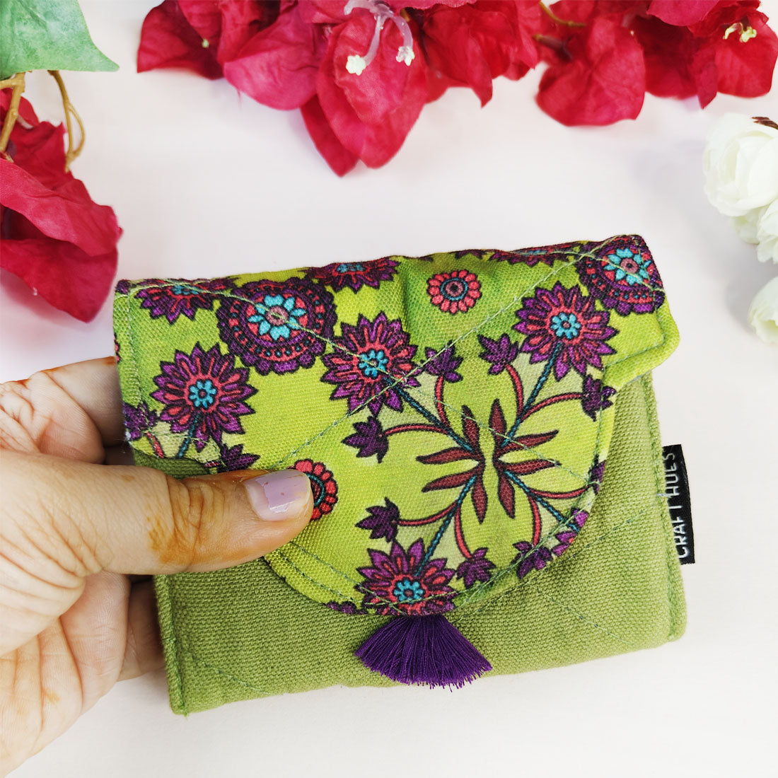 Curve Flap Mini Wallet Combo-green purple flower tile