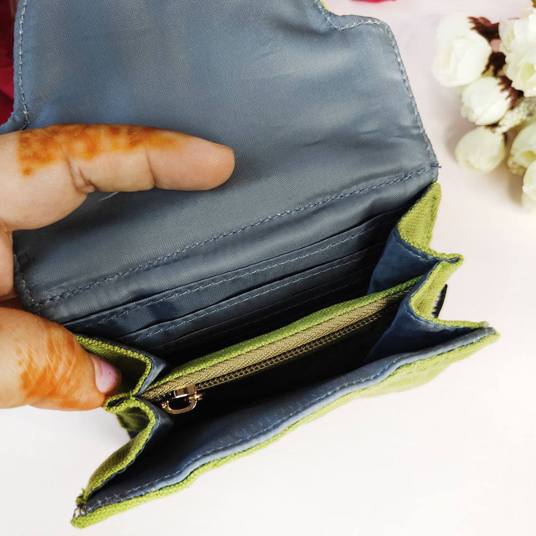 Curve Flap Mini Wallet Combo-green purple flower tile