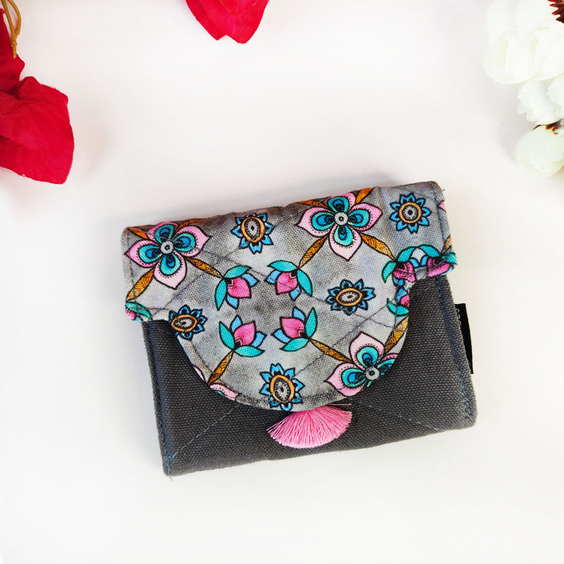 Curve Flap Mini Wallet Combo-grey pink flower tile