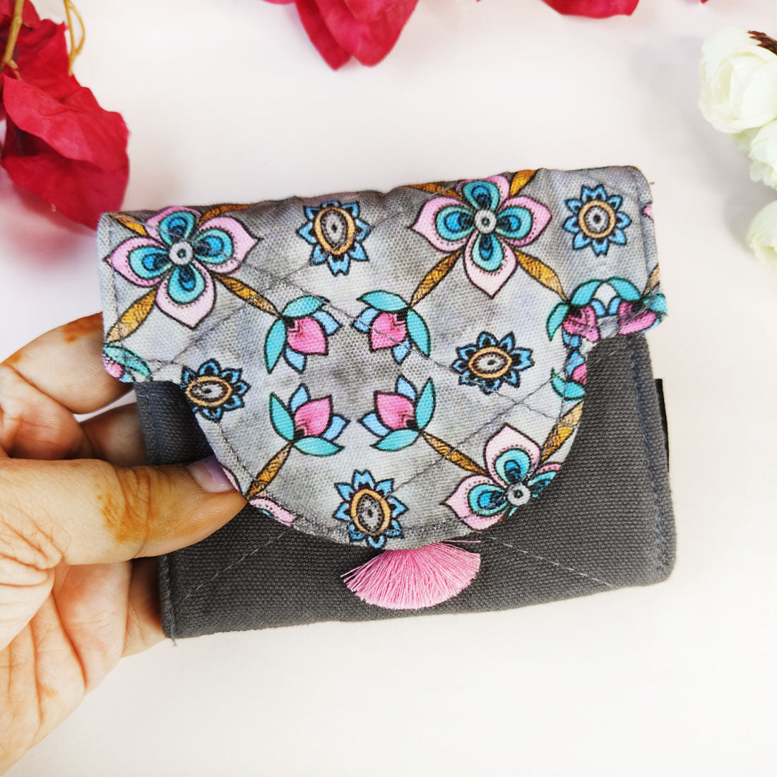 Curve Flap Mini Wallet Combo-grey pink flower tile