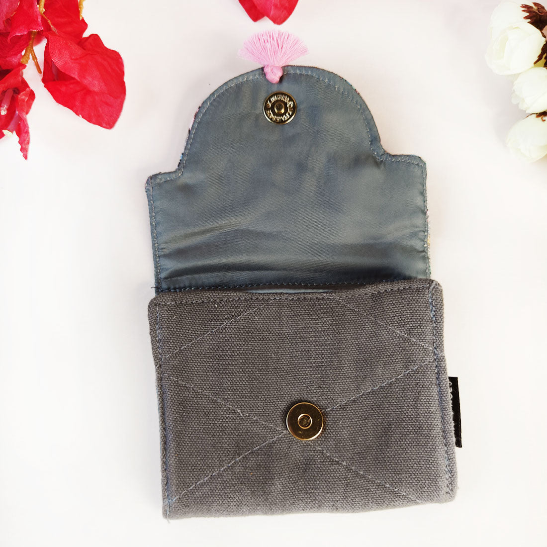Curve Flap Mini Wallet Combo-grey pink flower tile