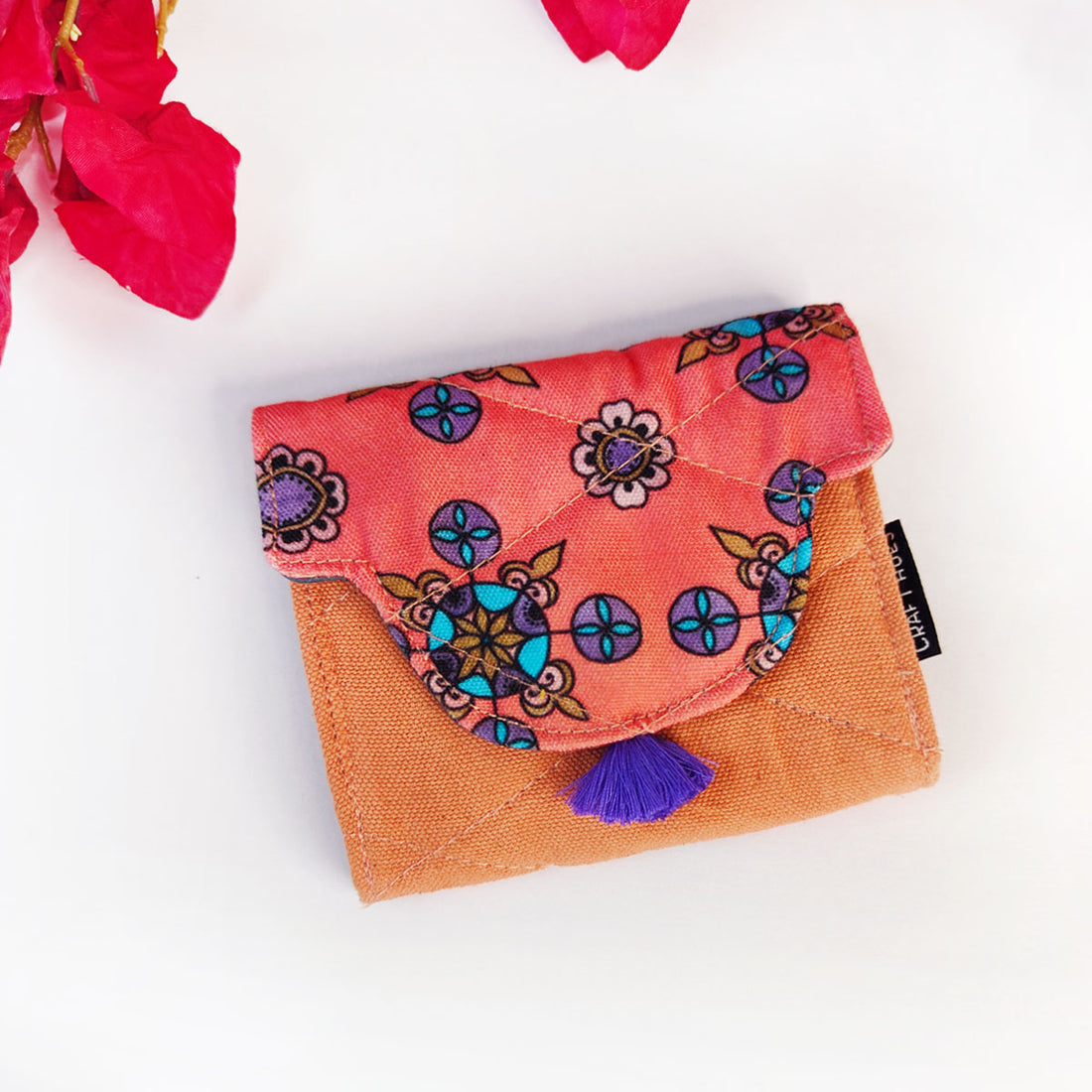 Curve Flap Mini Wallet Combo-peach purple flower tile