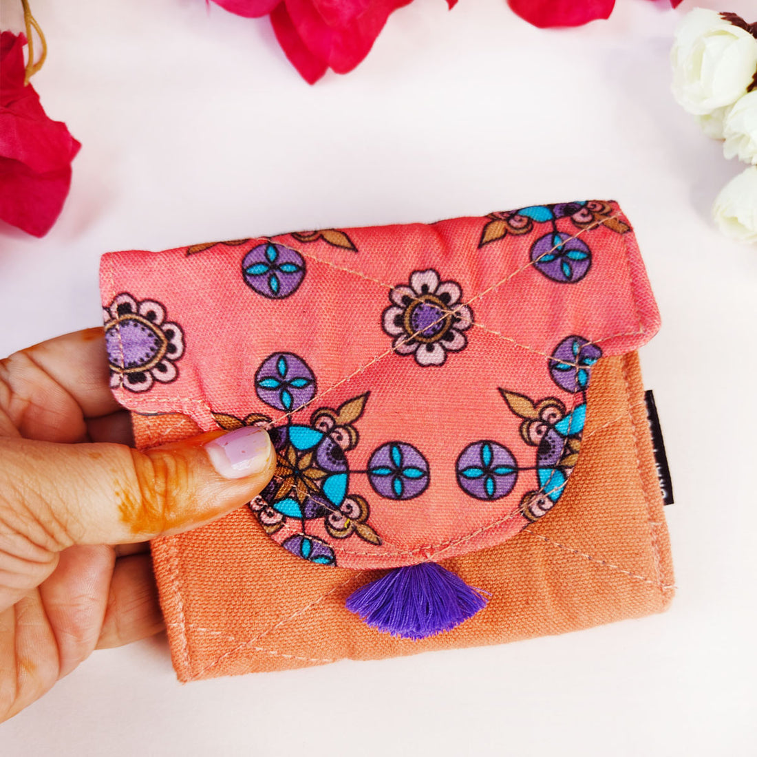 Curve Flap Mini Wallet Combo-peach purple flower tile