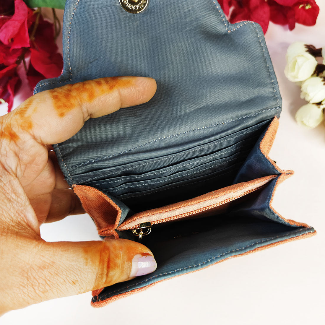 Curve Flap Mini Wallet Combo-peach purple flower tile