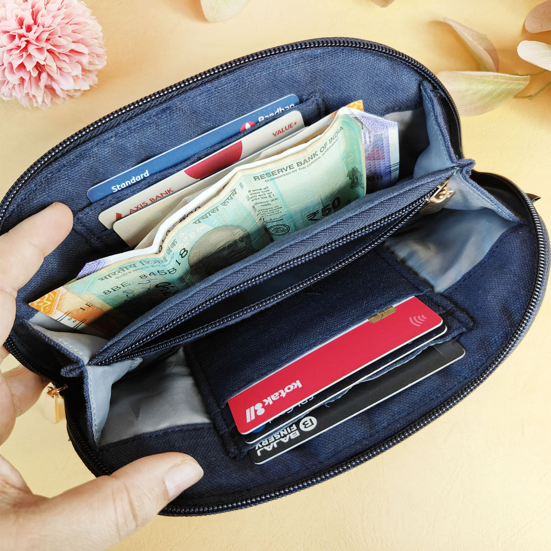 Curve Quilted Wallet- Gond Blue Bird