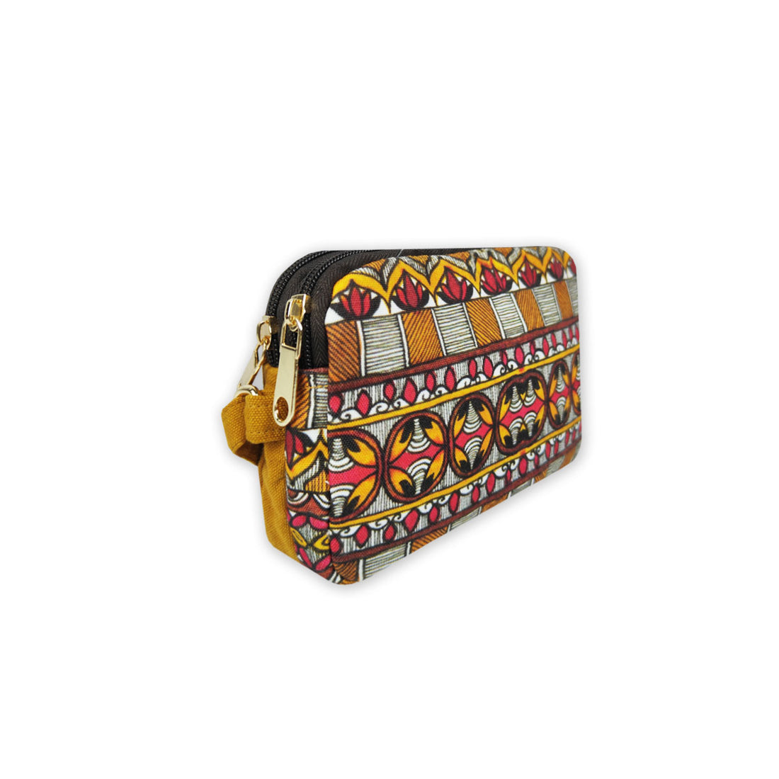 Dual Compartment Sling Bag- Mustard Madhubani Border