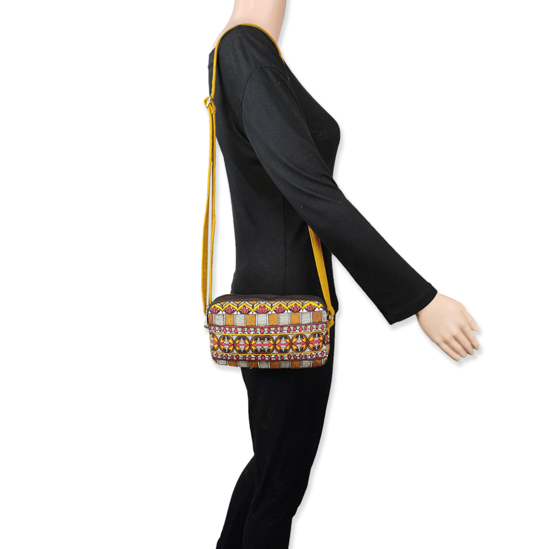 Dual Compartment Sling Bag- Mustard Madhubani Border