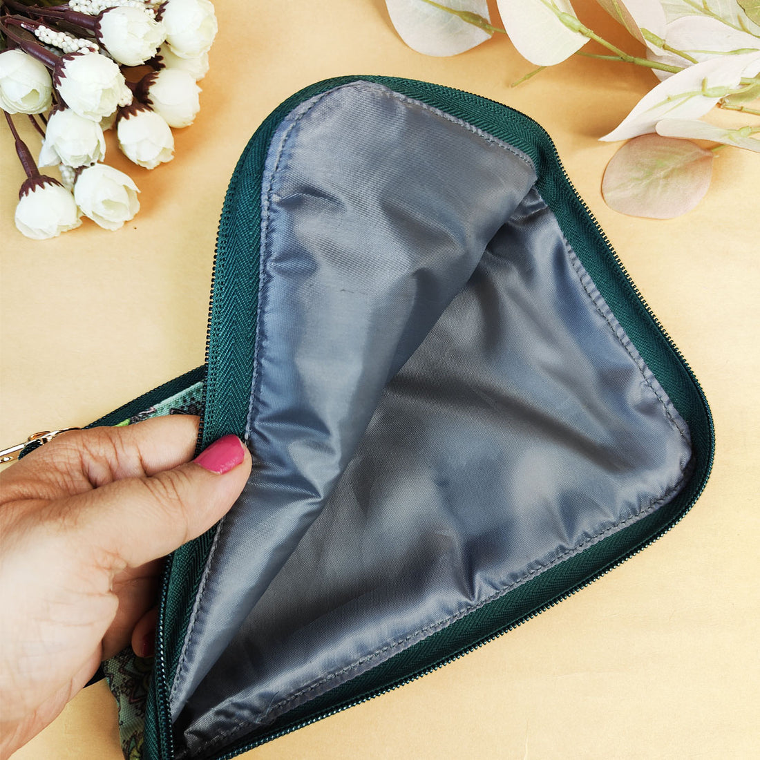 Dual Zip Wallet- Leaf Green Godna Art