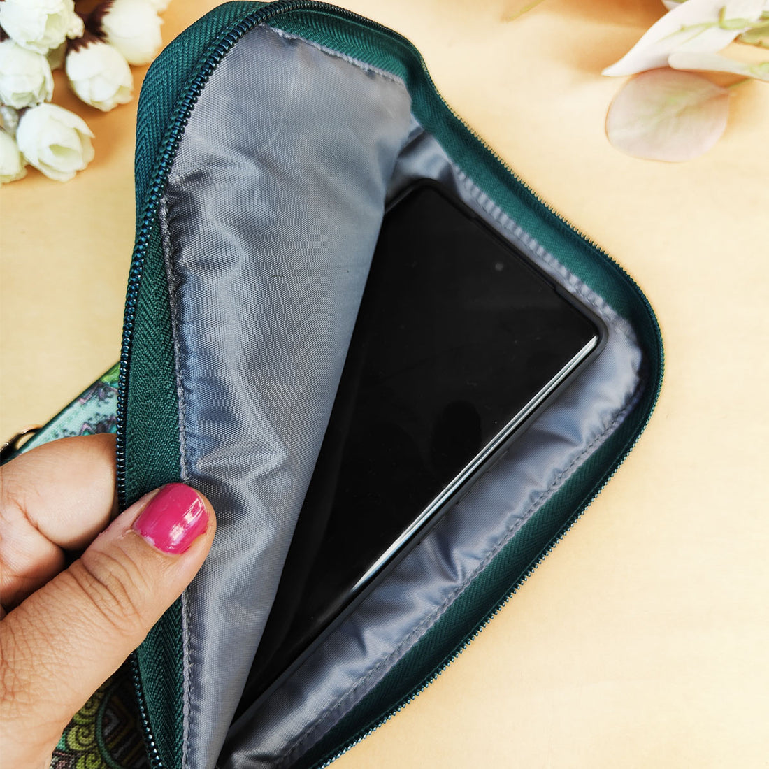 Dual Zip Wallet- Leaf Green Godna Art