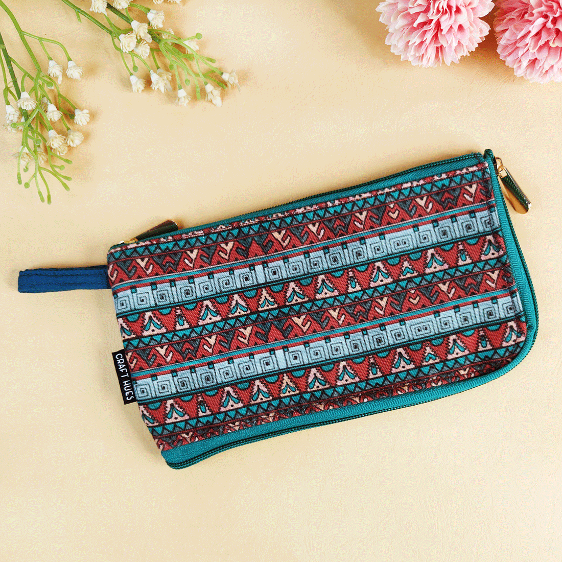 Dual-Zip Wallet- Maroon Teal Aztec