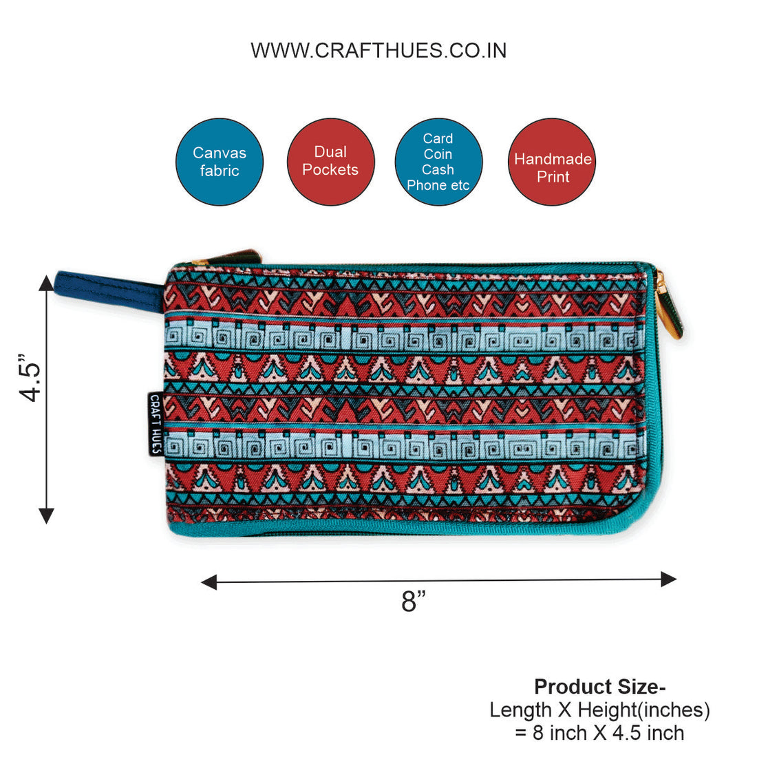 Dual-Zip Wallet- Maroon Teal Aztec