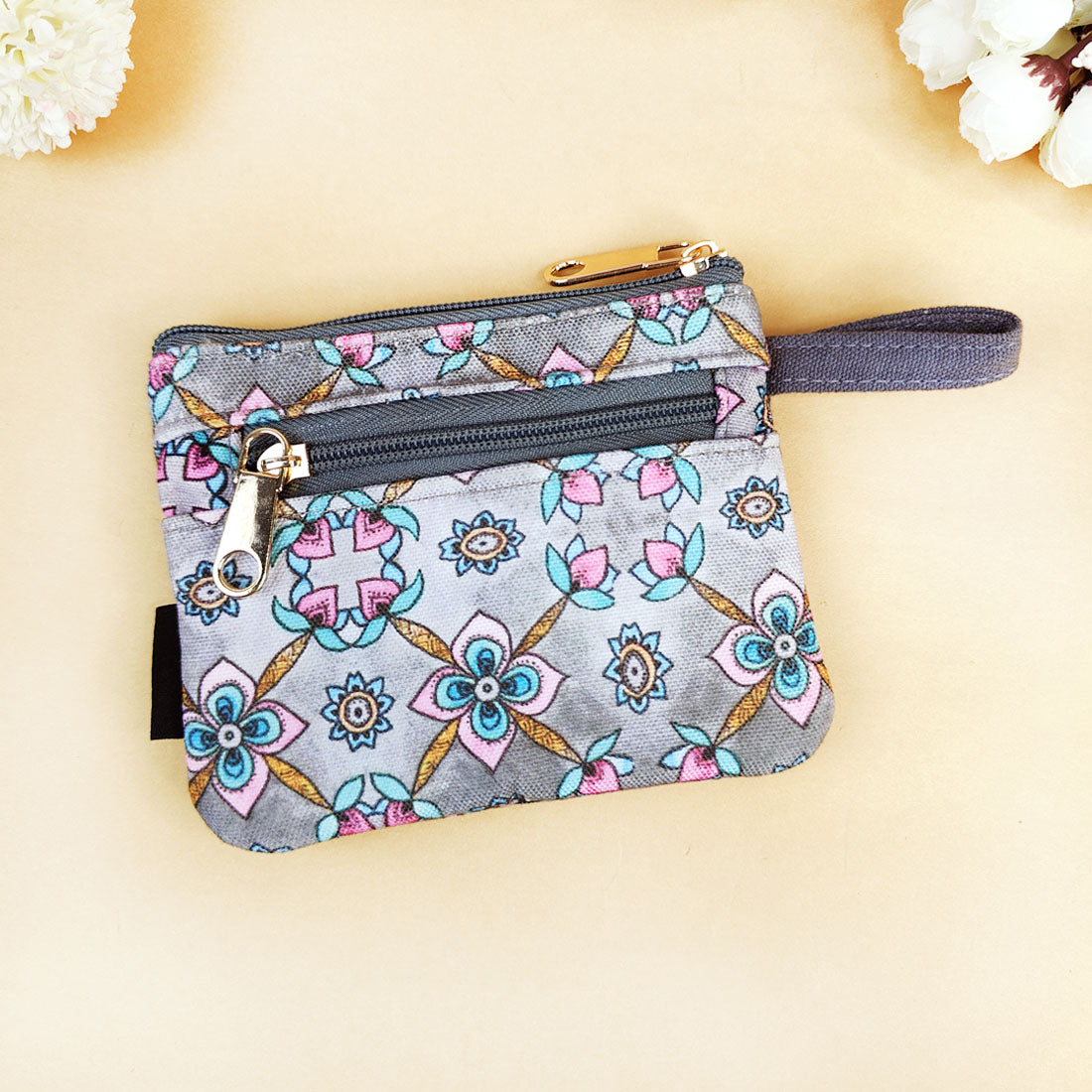 Front Flap Wallet-Grey Pink Flower
