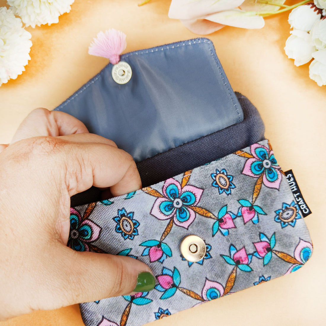 Front Flap Wallet-Grey Pink Flower