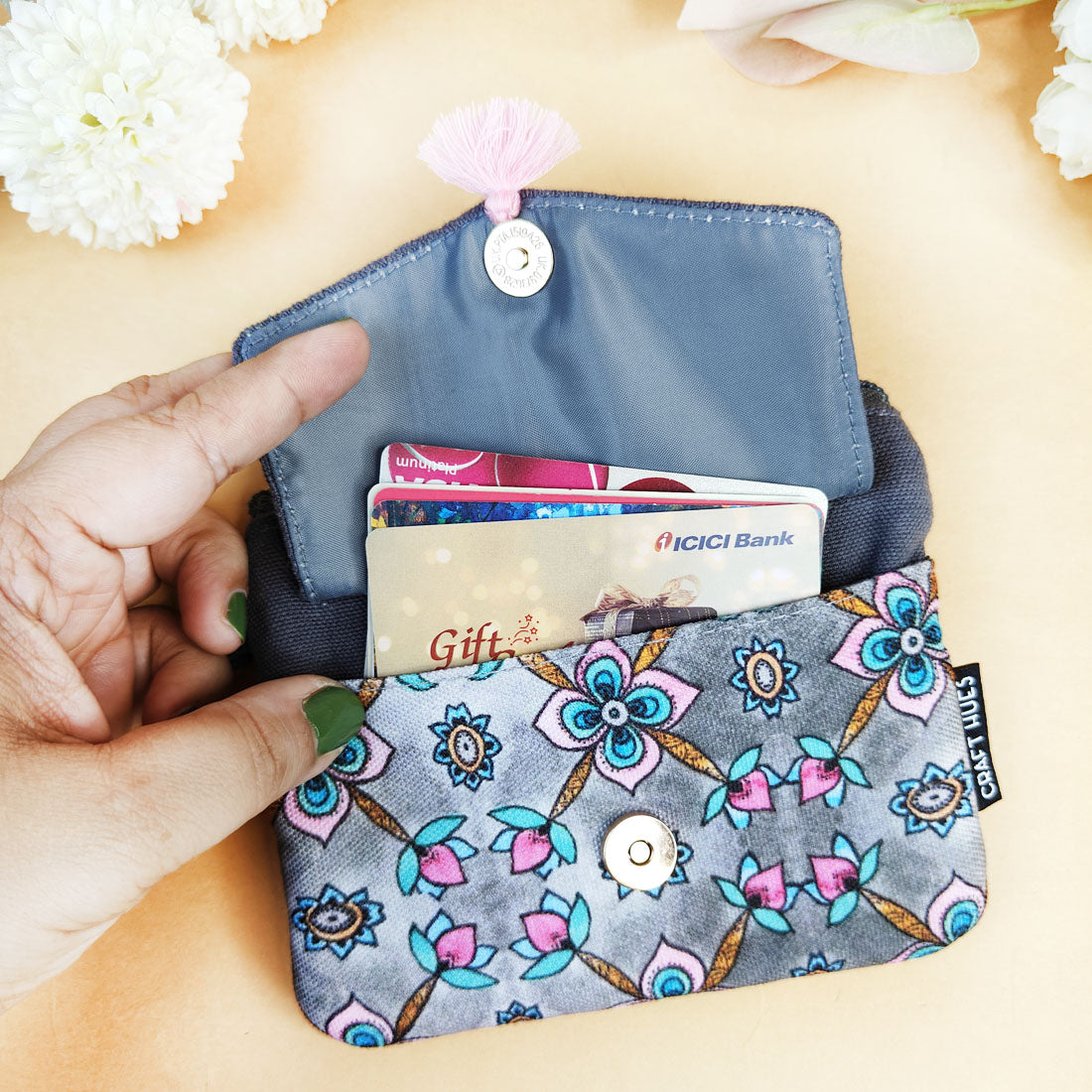 Front Flap Wallet-Grey Pink Flower