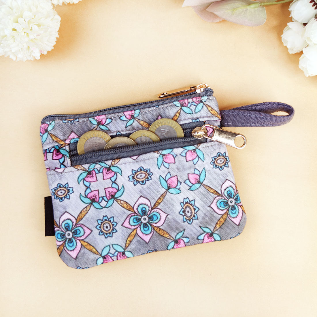 Front Flap Wallet-Grey Pink Flower