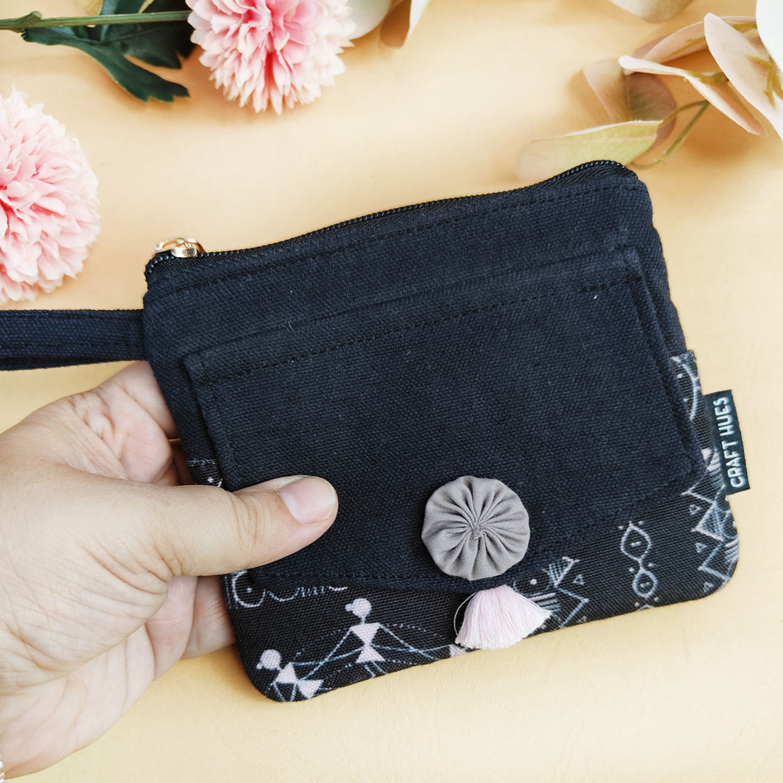 Front Flap Wallet-Black Warli