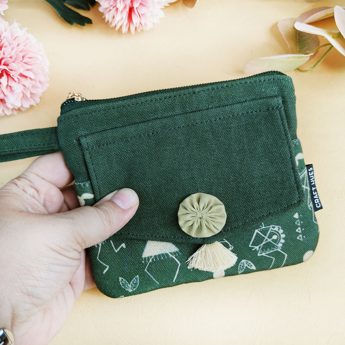 Front Flap Wallet- Mustard-Green Warli