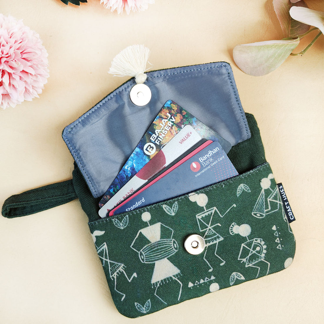 Front Flap Wallet- Mustard-Green Warli