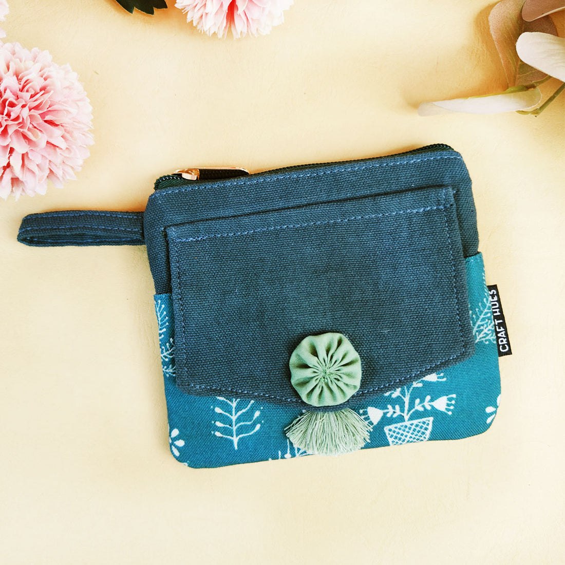 Front Flap Wallet- Teal Warli