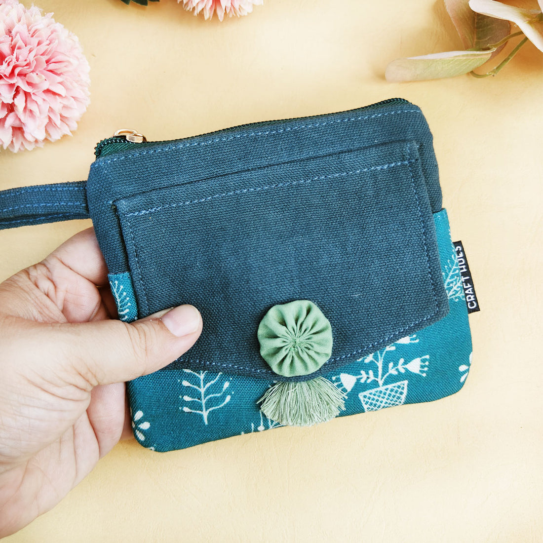 Front Flap Wallet- Teal Warli