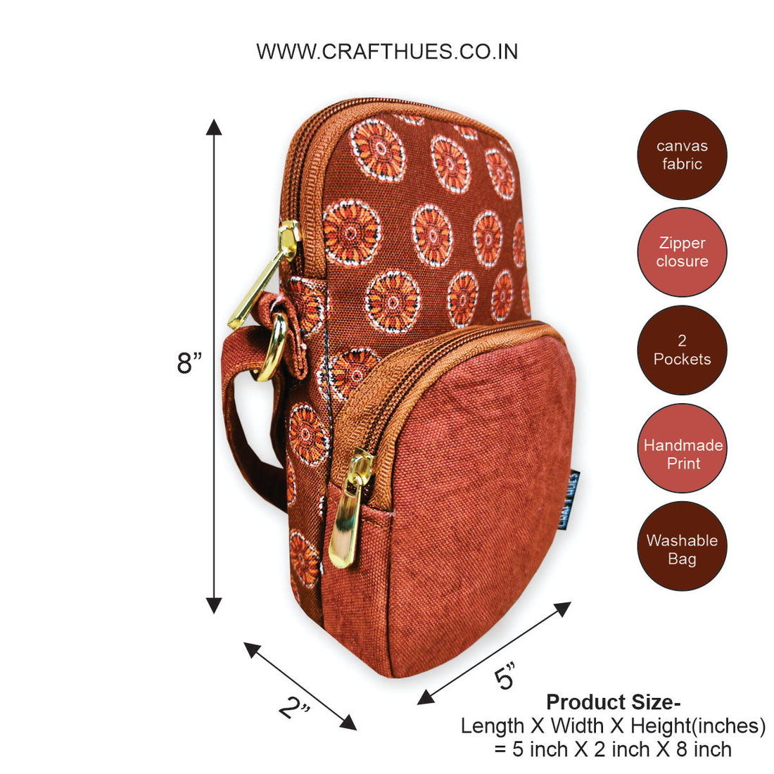 Front Pocket Mobile Sling- Rust Madhubani Chakra