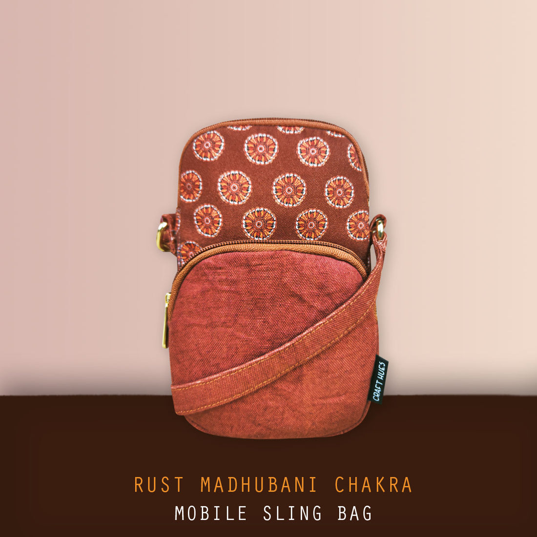 Front Pocket Mobile Sling- Rust Madhubani Chakra