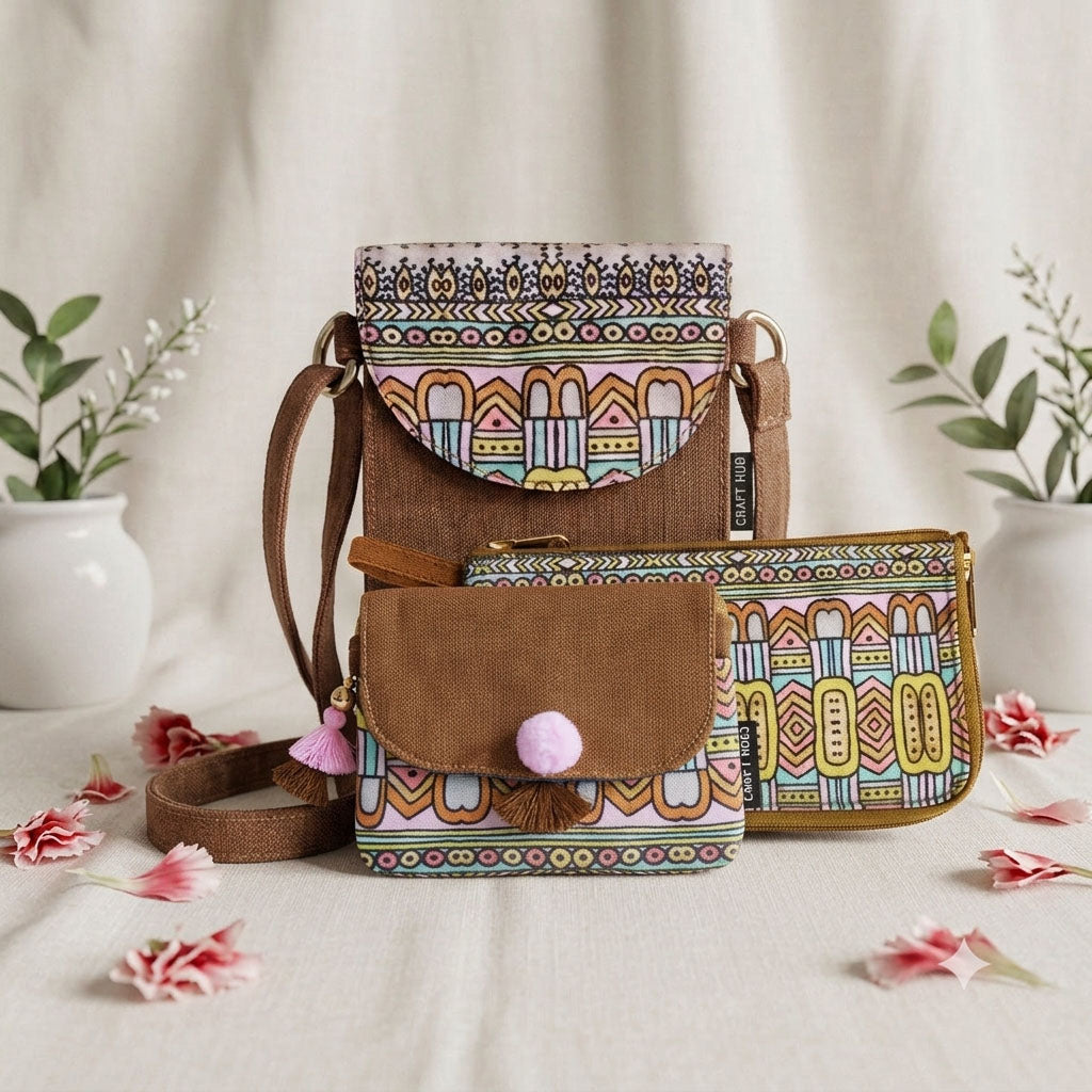 Abstract Godna Sling, Dual zip & Mini Wallet Combo