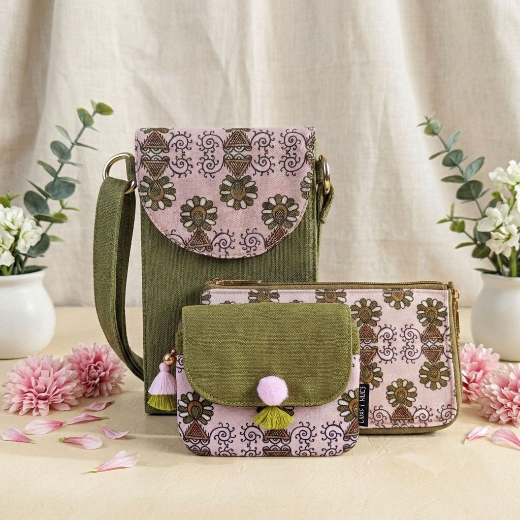Olive Green Godna Sling, Dual zip & Mini Wallet Combo