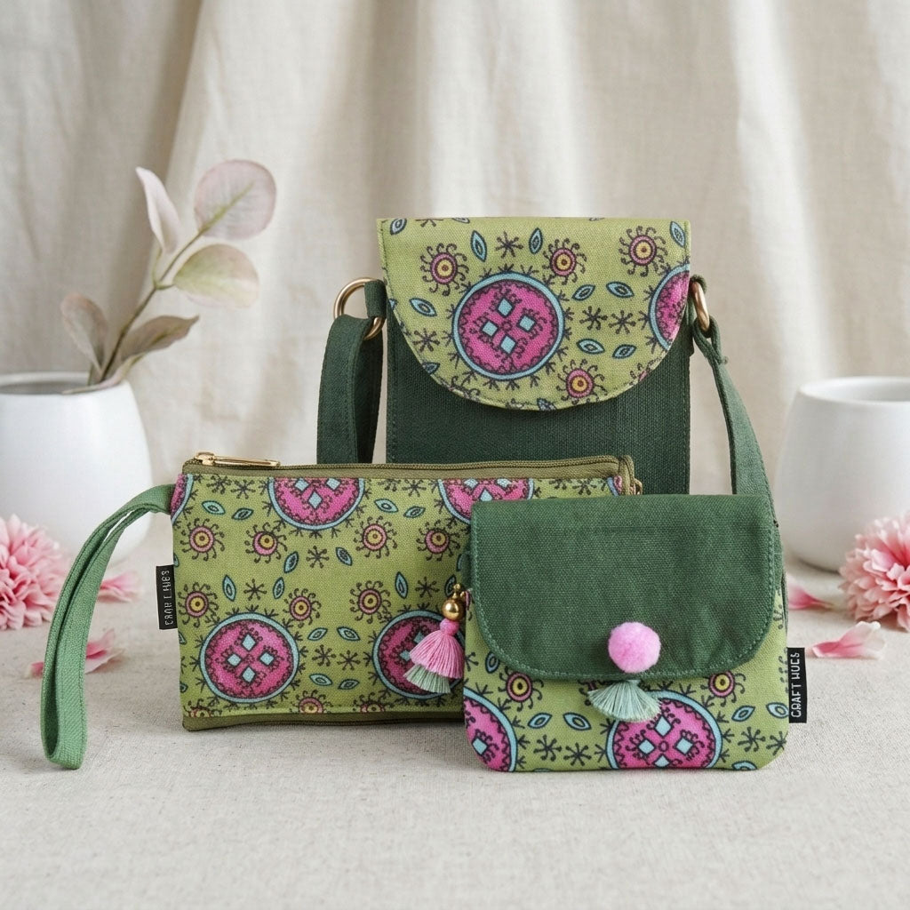 Green Godna Sling, Dual zip & Mini Wallet Combo