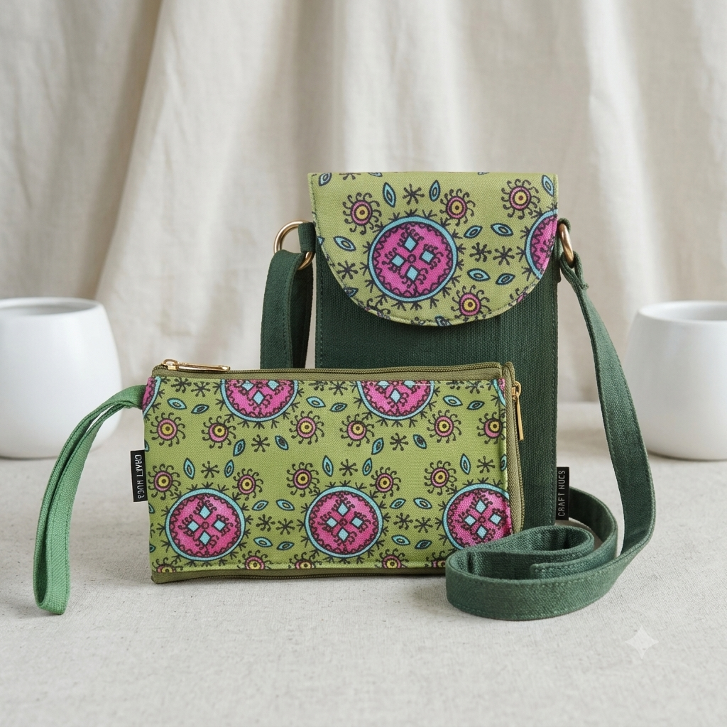 Green-Pink Godna Sling Wallet Combo