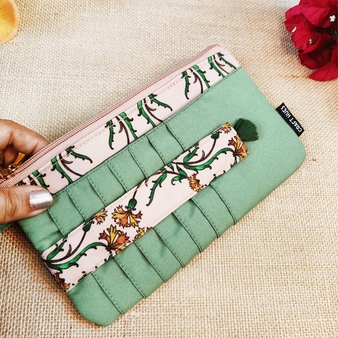 Long front card Wallet-Peach Green Persian Garden