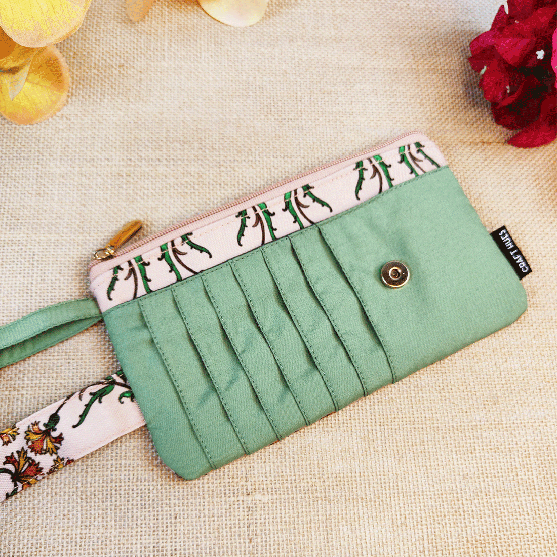 Long front card Wallet-Peach Green Persian Garden