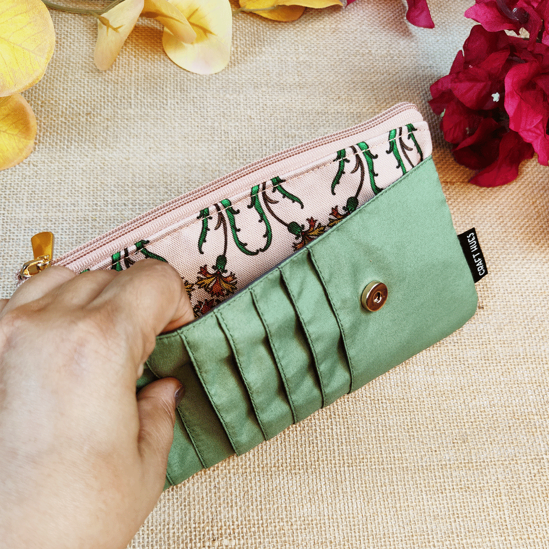 Long front card Wallet-Peach Green Persian Garden